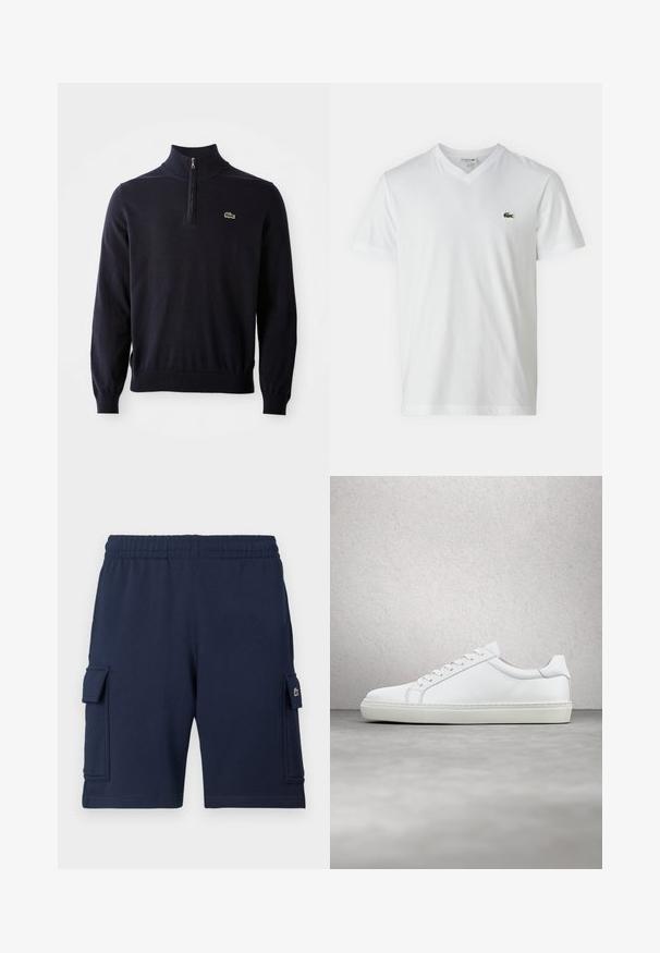 Marineblauwe pullover met een kwart-rits kraag, ribgebreide manchetten en zoom, gemaakt van zacht materiaal, met een klein groen krokodil logo op de borst.; Witte katoenen t-shirt met een V-hals, korte mouwen en een klein groen krokodillenlogo op de linkerkant van de borst. Eenvoudig en lichtgewicht ontwerp.; Marineblauwe cargoshorts gemaakt van zachte stof, met een elastische tailleband, twee zijzakken en een klein logoaccent op de linkerzak.; Witte sneaker met een gladlederen bovenwerk en een laag profiel. Voorzien van een ronde neus, zes vetergaatjes en een gestructureerde rubberen zool.