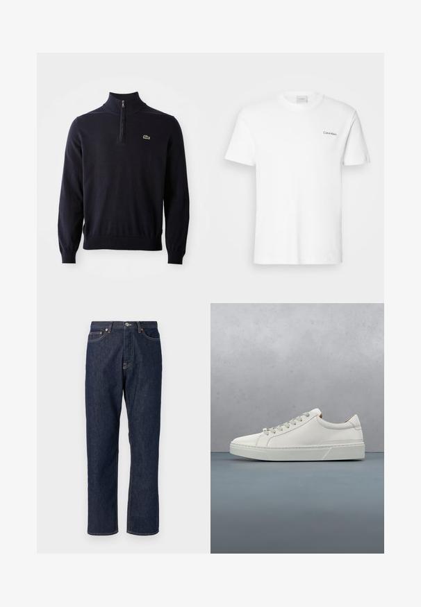 Marineblå pullover med kvart-zip hals, ribbede manchetter og kant, lavet af blødt stof, med et lille grønt krokodillelogo på brystet.; Hvid bomulds T-shirt med korte ærmer og rund halsudskæring. Har et lille sort "Calvin Klein" logo på venstre bryst.; Mørkeblå denim jeans med lige ben-design. Har knappelukning og lynlås, fem lommer og kontraststikningsdetaljer.; Hvid lædersneaker med rund tå, minimalistisk design, grå snørebånd og en tekstureret grå gummisål. Subtile syningsdetaljer er synlige.