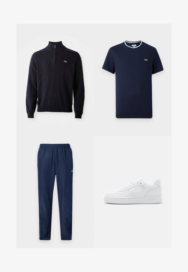 Suéter azul marino con cuello de media cremallera, puños y dobladillo acanalados, hecho de una tela suave, presenta un pequeño logo de cocodrilo verde en el pecho.; Camiseta de algodón azul marino, con un cuello acanalado azul claro. Presenta un pequeño logotipo de cocodrilo verde en el pecho. Diseño de mangas cortas.; Pantalones deportivos azul marino con cintura elástica, piernas ajustadas y acentos en azul claro a lo largo de los lados; fabricados con un material ligero y suave.; Zapatilla de cuero blanco con caja de punta perforada, cordones planos y cuello acolchado. Presenta un logotipo grabado en el lateral y suela de goma texturizada.