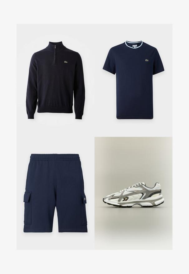 Námornícky modrý pulóver s golierom na štvrtinový zips, s rebrovanými manžetami a spodným lemom, vyrobený z mäkkého materiálu, s malým zeleným logom krokodíla na prsiach.; Námornícky modré tričko z bavlny, s svetlomodrým rebrovaným výstrihom. Na hrudi sa nachádza malé zelené logo krokodíla. Krátke rukávy.; Námornícky modré cargo šortky vyrobené z mäkkej látky, s elastickým pásom, dvoma bočnými vreckami a malým logom na ľavom vrecku.; Športová obuv s bielym sieťovinovým zvrškom, sivými akcentmi, čiernou gumovou podrážkou a aerodynamickým dizajnom. Obsahuje šnúrky a textúrované detaily.