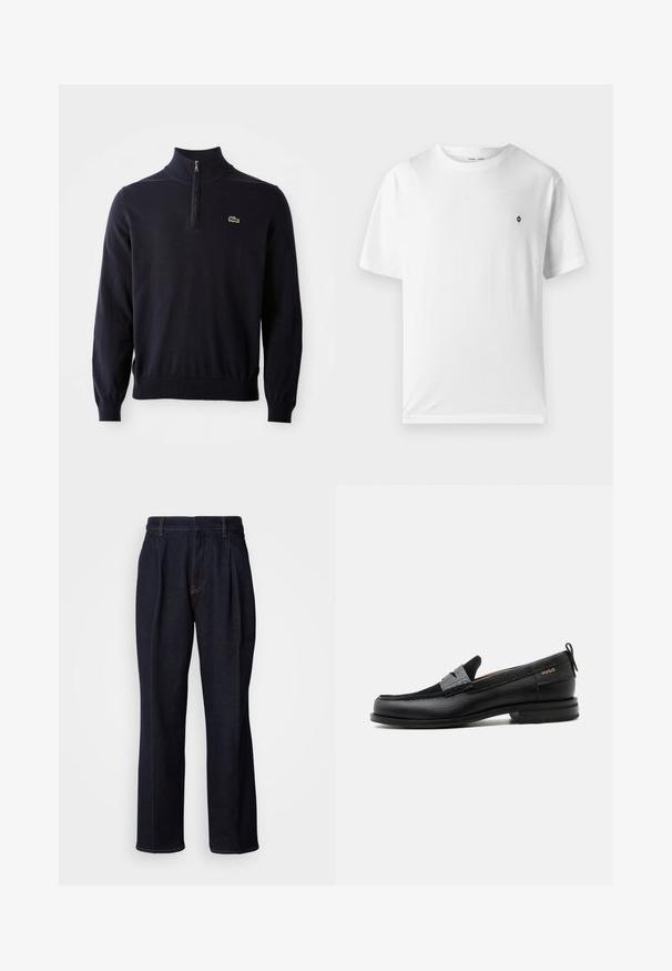 Marineblauwe pullover met een kwart-rits kraag, ribgebreide manchetten en zoom, gemaakt van zacht materiaal, met een klein groen krokodil logo op de borst.; Witte katoenen t-shirt met een ronde hals, korte mouwen en een klein zwart logo op de borst. Zachte textuur, casual pasvorm.; Donkerblauwe denim jeans met wijde pijpen, inclusief voorplooien en oranje stiksels, weergegeven op een witte achtergrond.; Zwarte leren loafer met grijs riemdetailelement, lage hak en gestructureerde zool, aan de zijkant gebrandmerkt met "HUGO" in goud.