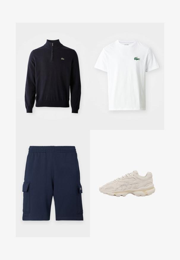 Marineblauwe pullover met een kwart-rits kraag, ribgebreide manchetten en zoom, gemaakt van zacht materiaal, met een klein groen krokodil logo op de borst.; Lacoste T-shirt print - white/green; Marineblauwe cargoshorts gemaakt van zachte stof, met een elastische tailleband, twee zijzakken en een klein logoaccent op de linkerzak.; Beige Lacoste-sneaker met een bovenwerk van gestructureerd suède, golfachtige stiksels, dikke gevoerde zool en "LACOSTE"-branding aan de zijkant.