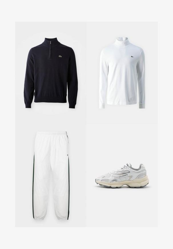 Dunkelblauer Pullover mit einem Viertelreißverschluss-Kragen, Rippbündchen und -saum, aus weichem Material hergestellt, mit einem kleinen grünen Krokodil-Logo auf der Brust.; Weißes Langarm-Turtleneck-Shirt aus weichem Stoff, mit einem kleinen grünen gestickten Logo auf der Brust und schmalen Bündchen.; Weiße Trainingshose mit dunkelgrünen Seiteneinsätzen. Leichtes Material, elastischer Bund und gerippte Säume. Mit Netzstruktur an den Seiteneinsätzen.; Weiße Sportschuhe mit grauen Akzenten, Obermaterial aus Mesh und Synthetik, Schnürdesign und rutschfester Gummisohle mit Strukturmustern.