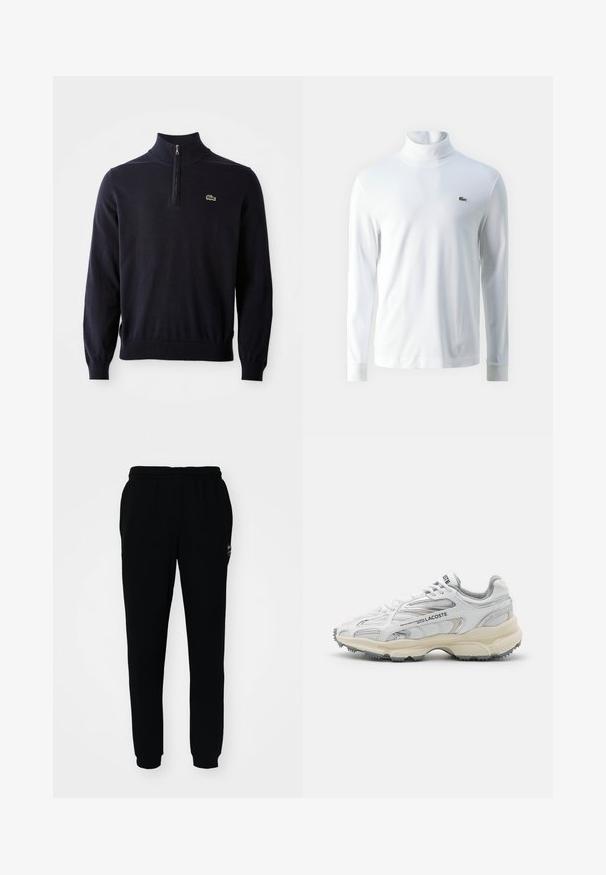 Dunkelblauer Pullover mit einem Viertelreißverschluss-Kragen, Rippbündchen und -saum, aus weichem Material hergestellt, mit einem kleinen grünen Krokodil-Logo auf der Brust.; Weißes Langarm-Turtleneck-Shirt aus weichem Stoff, mit einem kleinen grünen gestickten Logo auf der Brust und schmalen Bündchen.; Schwarze Jogginghose mit elastischem Bund und Bündchen. Aus weichem Stoff gefertigt, mit einem kleinen Logo auf der oberen linken Seite.; Weiße Sportschuhe mit grauen Akzenten, Obermaterial aus Mesh und Synthetik, Schnürdesign und rutschfester Gummisohle mit Strukturmustern.