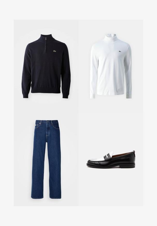 Marineblauwe pullover met een kwart-rits kraag, ribgebreide manchetten en zoom, gemaakt van zacht materiaal, met een klein groen krokodil logo op de borst.; Witte lange mouw turtleneck shirt van zachte stof, met een klein groen geborduurd logo op de borst en aansluitende manchetten.; Donkerblauwe denim jeans met een wijdbeen ontwerp, voorzien van een knoopsluiting en klassieke vijf-pocket styling. De stof heeft een gladde textuur.; Zwart-witte leren loafer met gestikte details, lage hak en slip-on ontwerp, zijaanzicht op een egale achtergrond.