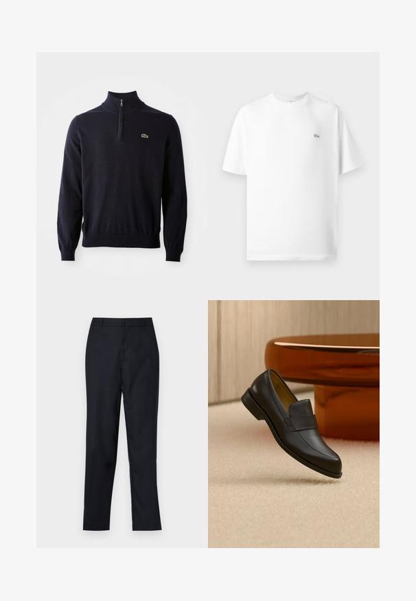 Marineblå pullover med kvart-zip hals, ribbede manchetter og kant, lavet af blødt stof, med et lille grønt krokodillelogo på brystet.; Hvid bomulds t-shirt med rund hals og korte ærmer. Har et lille sort Lacoste-logo på venstre side af brystet.; Marineblå bukser lavet af glat stof, med lige ben design, en enkelt knaplukning og subtile forfald i fronten.; Sort læder loafers med lav hæl svævende over beige tæppe ved rundt brunt bord.