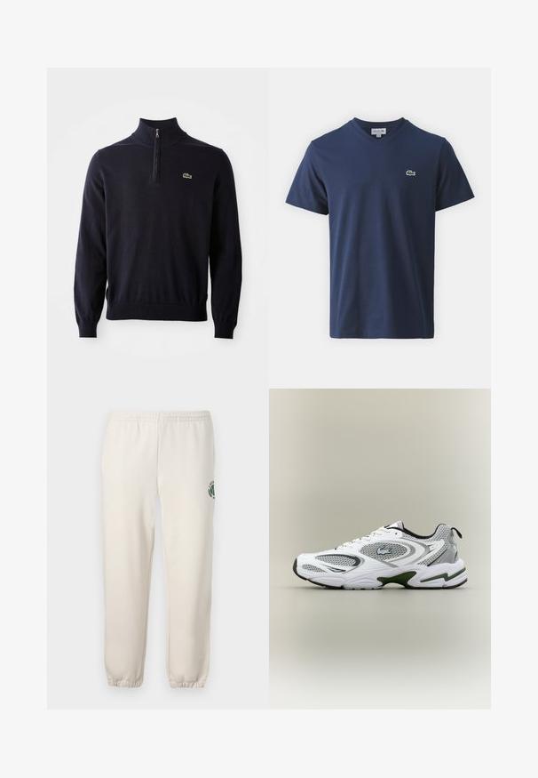 Marineblauwe pullover met een kwart-rits kraag, ribgebreide manchetten en zoom, gemaakt van zacht materiaal, met een klein groen krokodil logo op de borst.; Klein groen geborduurd krokodillenlogo met witte rand en rood oog op donkerblauwe stofachtergrond.; Lichtbeige sweatpants van katoen, met een elastische tailleband, geribde boorden en een groen logo met een bladerenontwerp op het linkerpand.; Witte en grijze sportieve hardloopschoen met meshpanelen, groene accenten, zwarte details en een logo aan de zijkant, getoond vanaf de buitenkant.