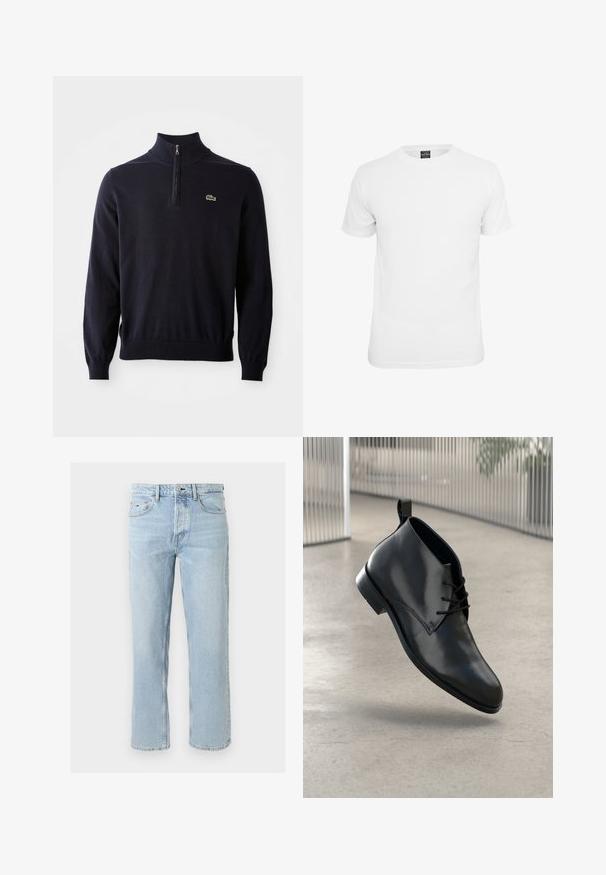 Tumesinine pullover neljatõmbe kaelusega, soonikkoes mansettide ja allaosa äärega, valmistatud pehmest kangast, millel on rinnal väike roheline krokodilli logo.; Valge lühikeste varrukatega t-särk, valmistatud puuvillast, ümarate vahekohtadega ja sileda tekstuuriga, mõeldud igapäevaseks kandmiseks.; Hele sinised sirgete sääreosadega teksapüksid esiküljel nööbi ja tõmblukuga, vööaugud ning viis taskut, sealhulgas väike logo paremal taskul.; Mustad mustad nahast pahkluu saapad, millel on sile pind, ümar varvas ja nööbid ees. Omab väikest kontsa ja tagumist tõmbeaasat, et oleks lihtne jalga panna.