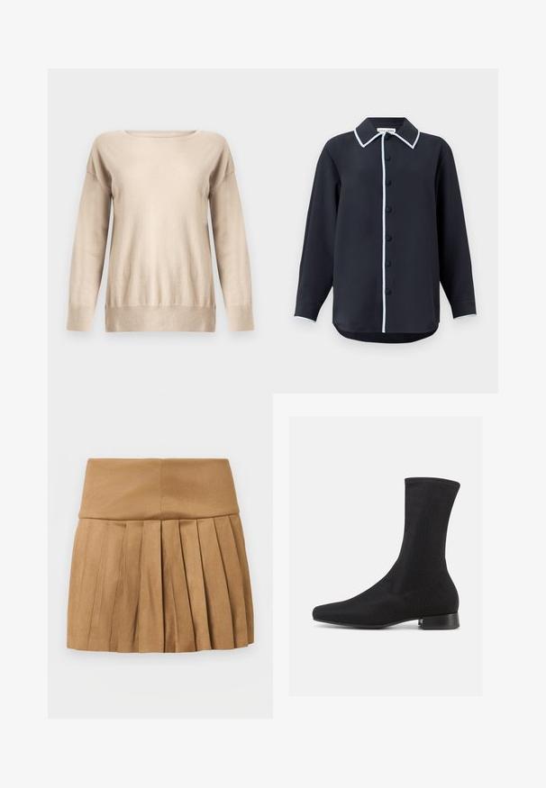 Pull beige en maille douce, doté d'un col rond, de manches longues et d'une coupe décontractée avec des poignets et un ourlet côtelés.; Chemise boutonnée marine avec un col bleu clair contrastant et un pied de col à boutons, manches longues et ourlet arrondi. Fabriquée en tissu lisse.; Jupe plissée beige en tissu lisse légèrement brillant. Dotée d'une taille haute et de plusieurs plis verticaux le long de l'ourlet.; Bottine noire à tige en tissu lisse et extensible, avec un petit talon empilé. Caractérisée par un bout pointu et un design sans coutures.