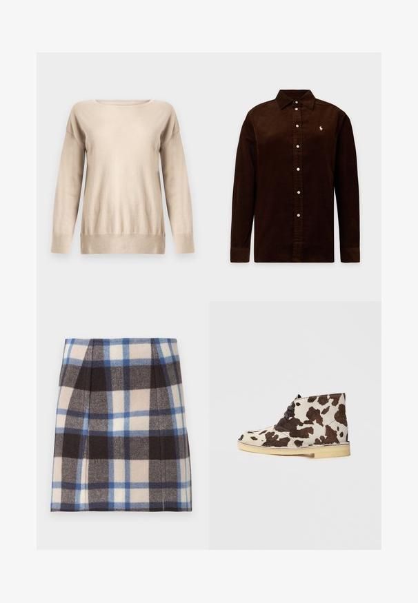 Pull beige en maille douce, doté d'un col rond, de manches longues et d'une coupe décontractée avec des poignets et un ourlet côtelés.; Chemise en velours côtelé marron foncé à manches longues avec patte de boutonnage et petit logo brodé sur la poitrine gauche.; Jupe mini à carreaux dans des tons beige, marron et bleu. Fabriquée en tissu doux avec une finition texturée et des plis plats pour la forme.; Bottines en cuir de vache marron et crème à bout arrondi, à lacets, avec une semelle en caoutchouc de couleur claire. Surface texturée avec des motifs naturels.