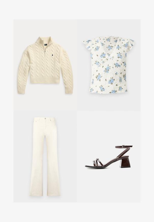 Flødefarvet kabelstrikket sweater med lange ærmer, ribstrikkede manchetter og kant, en kvart lynlås-hals og et lille broderet navy-logo på brystet.; Hvid kortærmet bluse i blonder med blå blomsterprint, slå-om V-udskæring og lille sløjfedetalje midt foran.; Viddeformede hvide denimjeans med høj talje, der har forlommer og lukning med knap, glat tekstur og fine syningsdetaljer.; Mørkebrune laklædersandal med blokhæl, ankelrem med spænde og to tynde remme over tæerne på hvid baggrund.