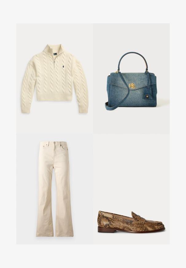 Flødefarvet kabelstrikket sweater med lange ærmer, ribstrikkede manchetter og kant, en kvart lynlås-hals og et lille broderet navy-logo på brystet.; Beige højtaljede bukser med lige ben, foran med knap og lynlås, for- og baglommer, vist på ensfarvet baggrund.; Brun læderloafer med slangeskindsmønster og lavt træhæle, vist fra siden på en ensfarvet baggrund.; Denim håndtaske med top-håndtag, justerbar skulderrem, guldlås med RL-logo og en lille tilføjet denimtag med knapdetalje.