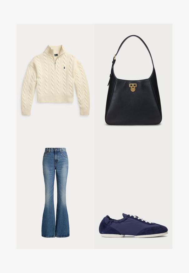 Cremefarbener, kabelgestrickter Pullover mit langen Ärmeln, gerippten Bündchen und Saum, einem Viertel-Reißverschlusskragen und einem kleinen bestickten marineblauen Logo auf der Brust.; Hoch taillierte blaue Denim-Jeans mit ausgestellten Beinen und leichtem Verblassen im vorderen Oberschenkelbereich, vor weißem Hintergrund gezeigt.; Marineblaue lässige Sneaker mit weißen Schnürsenkeln und Sohle, mit Wildlederakzenten und einem flachen Design.; Schwarze Leder-Umhängetasche mit geschwungenem Design, ausgestattet mit einem goldenen Schlossverschluss und einem abgerundeten Tragegurt. Glatte Textur mit minimalen Akzenten.