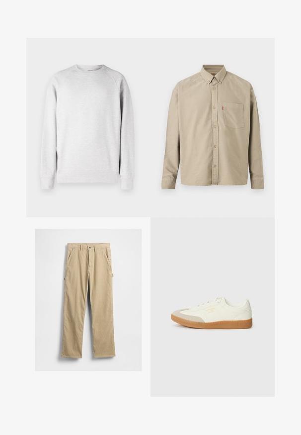 Hellegrauer Rundhalsausschnitt-Sweatshirt mit langen Ärmeln, gerippten Bündchen und Saum, vor einem weißen Hintergrund präsentiert.; Beiges Hemd mit langen Ärmeln und Knöpfen, mit Button-Down-Kragen, Brusttasche auf der linken Seite und sichtbarem roten Etikett an der Taschennaht.; Beige Cordhose mit geraden Beinen, Fronttaschen und einem Knopfverschluss. Mit einer Seitentasche und strukturiertem Stoff.; Sneaker aus weißem Leder mit einer beigen Zehenkappe und leichter brauner Gummisohle. Verfügt über flache weiße Schnürsenkel und geprägtes Branding an der Seite.