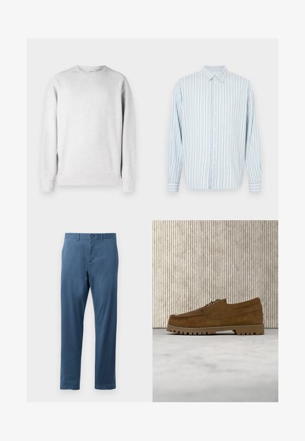Sudadera de cuello redondo en gris claro, con mangas largas, puños y dobladillo acanalados, exhibida sobre un fondo blanco.; Camisa de manga larga de color azul claro con rayas verticales estrechas en blanco y negro, cuello puntiagudo, mostrada sobre un fondo blanco.; Pantalones azul marino de corte recto con trabillas para cinturón, botón frontal, cremallera, bolsillos laterales y un pequeño detalle con la bandera roja, blanca y azul en el bolsillo izquierdo.; Zapato marrón de ante con cordones y suela gruesa con estrías suspendido sobre una alfombra beige, con una mesa ovalada marrón al fondo.