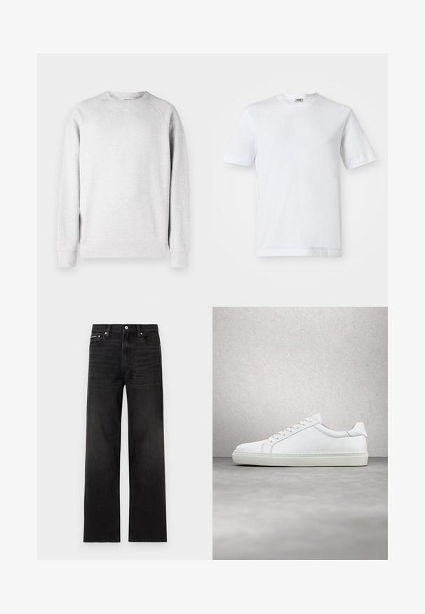Lys grå crew neck sweatshirt med lange ærmer, ribbede manchetter og kant, vist mod en hvid baggrund.; Hvid bomulds t-shirt med korte ærmer, rund halsudskæring og en glat tekstur. Ingen mønstre eller detaljer er synlige.; Sorte jeans med lige ben, fem-lomme design, bæltestropper og knaplukning, vist på en hvid baggrund.; Hvide sneakers med en glat læderoverdel og lav profil. Har en rund tå, seks snørehuller og en tekstureret gummisål.