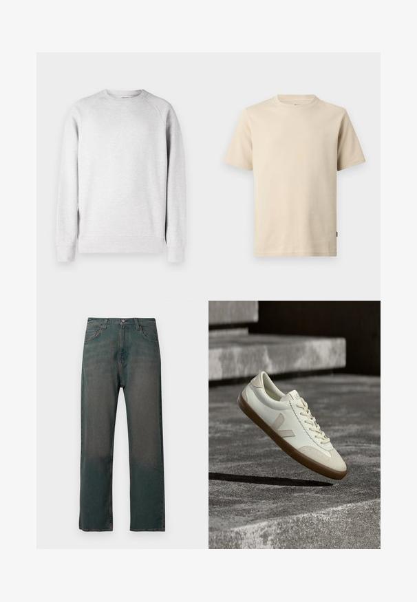 Svetlo šedý crew neck sveter s dlhými rukávmi, s rebrovanými manžetami a lemom, vystavený na bielom pozadí.; Béžové bavlnené tričko s krátkym rukávom a okrúhlym výstrihom, s minimálnym prešívaním a malým tónovaným logom na ľavej strane hrudníka.; Tmavozelené rifle z denimu so strihanými nohavicami rovného strihu, vybavené klasickým päťvreckovým dizajnom a kontrastným prešívaním pozdĺž švov.; Biele kožené tenisky s hnedou gumovou podrážkou, rovnými šnúrkami a V-tvarovaným prvkom na boku. Majú hladký povrch a minimalistické švíky.