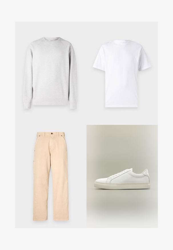 Svetlo šedý crew neck sveter s dlhými rukávmi, s rebrovanými manžetami a lemom, vystavený na bielom pozadí.; Biela krátka rukávová tričko vyrobené z bavlny s okrúhlym výstrihom, s hladkou textúrou a jednoduchým dizajnom bez vzorov alebo akcentov.; Béžové bavlnené nohavice so strihom priamo do rovna, s bočnými vreckami, pútkami na opasok a predným zapínaním na gombík. Hladká textura, minimalistický dizajn.; Biela nízka teniska so šnurovaním vpredu a hrubou podrážkou, zobrazená zboku na neutrálom pozadí.