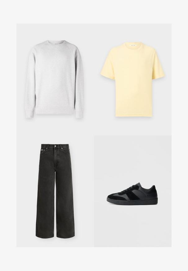 Lys grå crew neck sweatshirt med lange ærmer, ribbede manchetter og kant, vist mod en hvid baggrund.; Blød gul T-shirt med korte ærmer og rund hals med en afslappet pasform på en ensartet lys baggrund.; Sorte jeans med høj talje og vide ben med knap- og lynlås-lukning, for- og baglommer, vist mod en hvid baggrund.; Sorte sneakers med en kombination af glat læder og ruskind, med en tekstureret sort gummisål og subtil stripingdetalje.