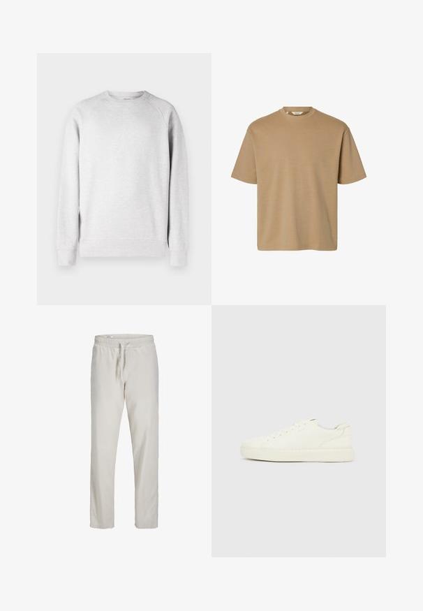 Svetlo šedý crew neck sveter s dlhými rukávmi, s rebrovanými manžetami a lemom, vystavený na bielom pozadí.; Tričko hnedej farby s krátkymi rukávmi, okrúhlym výstrihom, voľným strihom a jednoduchým dizajnom, zobrazené na bielom pozadí.; Svetlo béžové ľanové nohavice s elastickým pásom a predným sťahovaním, rovné nohavice, bez viditeľných vreciek.; Biela nízka teniska s šnurovaním vpredu, hladkým koženým zvrškom a hrubou gumovou podrážkou zobrazená z vonkajšej strany na jednoduchom pozadí.
