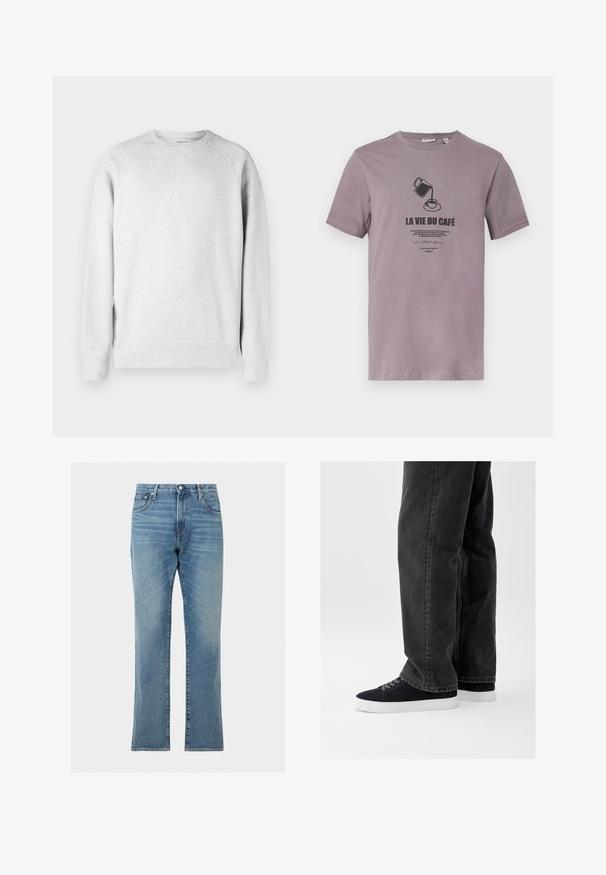 Svetlo šedý crew neck sveter s dlhými rukávmi, s rebrovanými manžetami a lemom, vystavený na bielom pozadí.; Sivé tričko s krátkym rukávom s grafikou kanvice na kávu, ktorá naleje do šálky, a textom „LA VIE DU CAFÉ“ na prednej strane.; Modré rifle s rovnými nohavicami s prednými a zadnými vreckami, zapínaním na gombíky a s pútkami na opasok.; Čierne džínsy z denimu s voľným strihom, doplnené tmavomodrými semišovými teniskami s bielymi gumovými podrážkami a čiernymi šnúrkami. Jednoduchý a moderný dizajn.