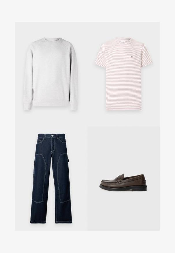 Sudadera de cuello redondo en gris claro, con mangas largas, puños y dobladillo acanalados, exhibida sobre un fondo blanco.; Camiseta blanca de manga corta con cuello redondo, con finas rayas horizontales rojas y un pequeño logo bordado de bandera en el lado izquierdo del pecho.; Pantalones cargo de mezclilla azul oscuro con diseño de pierna recta, costuras en contraste, múltiples bolsillos y cierre clásico con botón.; Mocasín de cuero marrón con detalle cosido en la punta, suela plana y tacón bajo apilado. Textura suave con elementos de diseño minimalistas.