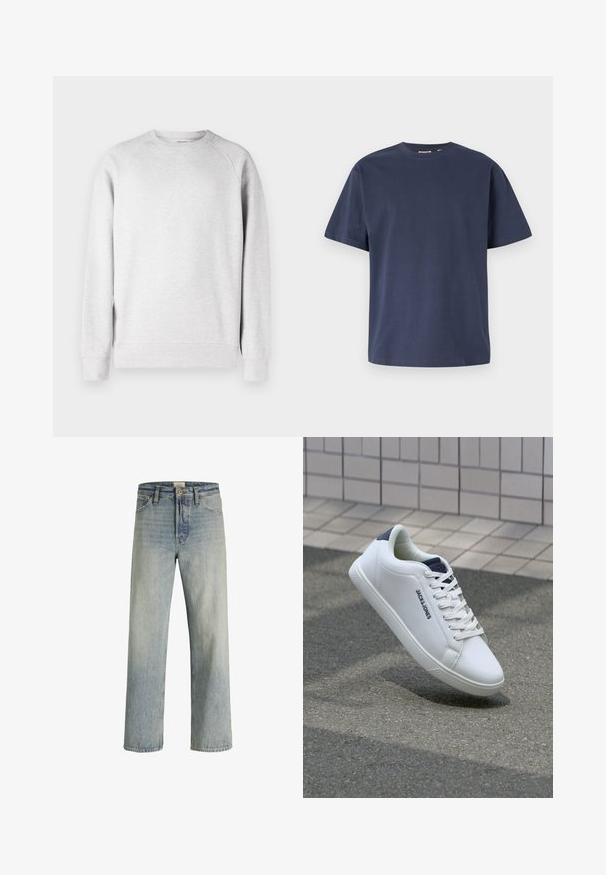 Svetlo šedý crew neck sveter s dlhými rukávmi, s rebrovanými manžetami a lemom, vystavený na bielom pozadí.; Námornícka modrá bavlnená tričko s okrúhlym výstrihom a krátkymi rukávmi. Hladká textúra, rovný strih a minimálne švy, ktoré poskytujú klasický dizajn.; Svetlomodré džínsové nohavice so strihom rovného nohu, vysokým pásom a jemným blednutím. Obsahujú päť vreciek a tradičný gombíkový zips.; Biele kožené tenisky s nízkym strihom, textúrovaným povrchom, námorníckym modrým akcentom na päte a plochou gumovou podrážkou s dezénom.