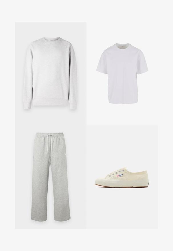 Svetlo šedý crew neck sveter s dlhými rukávmi, s rebrovanými manžetami a lemom, vystavený na bielom pozadí.; Biele tričko s krátkym rukávom vyrobené z mäkkej bavlny, s okrúhlym výstrihom a voľným strihom s rovnými okrajmi. Bez viditeľných vzorov alebo akcentov.; Svetlosivé tepláky so sťahovacou šnúrkou v páse, elastickým pásom a voľnými, rovným nohavicami, zobrazené na jednoduchom pozadí.; Béžové plátené tenisky s nízkym profilom, kovovými očkami a gumovou podrážkou. Obsahujú textúrovaný vzor a detail loga na boku.