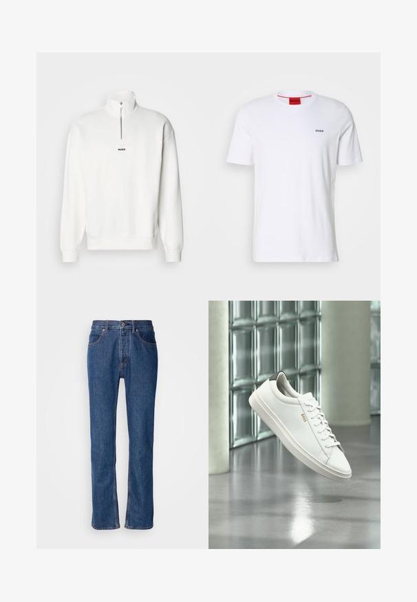 Hvid pullover sweatshirt med høj krave og halvlukning, der har et lille sort "HUGO" logo centreret på brystet. Blød stoftekstur.; Hvid bomulds t-shirt med korte ærmer, en rund udskæring og lille sort "HUGO" logo på venstre bryst. Har rød indvendig halslabel.; Blå denimjeans med lige snit, fem-lomme-design og lys syning. Har lynlås og knaplukning foran.; Hvid læder lav-top sneaker med snørebånd, sort hælflig og "BOSS"-logo, svævende indendørs nær glasblok væg og poleret gulv.