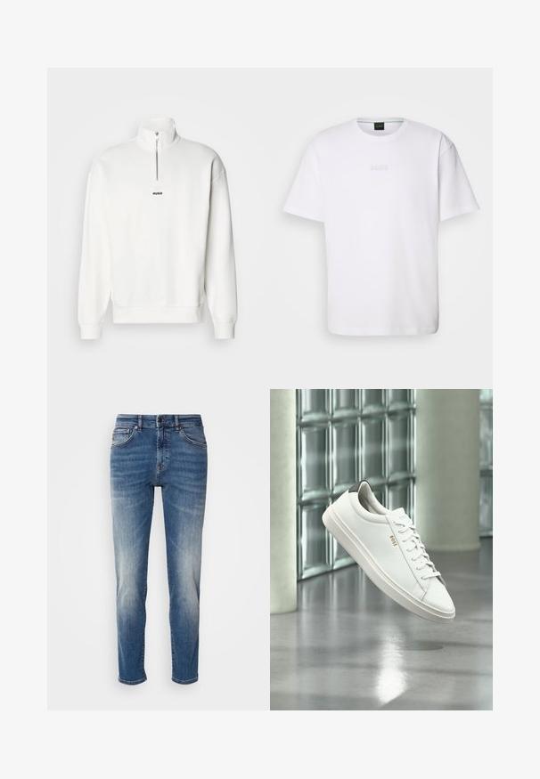 Weißer Pullover-Sweatshirt mit hohem Kragen und halbem Reißverschluss, versehen mit einem kleinen schwarzen "HUGO"-Logo, das zentral auf der Brust platziert ist. Weiches Stoffgefühl.; Weißes Baumwoll-T-Shirt mit kurzen Ärmeln, rundem Ausschnitt und geprägtem "BOSS"-Logo auf der Brust. Glatte Textur, normale Passform.; Blaue Jeans aus Denim mit geradem Bein, leichter Ausbleichung, klassischer Fünf-Taschen-Stil und einem Reißverschluss mit Knopfverschluss.; Weißer Leder-Low-Top-Sneaker mit Schnürsenkeln, schwarzer Fersenschlaufe und „BOSS“-Logo, der drinnen nahe einer Glassteinwand und einem polierten Boden schwebt.
