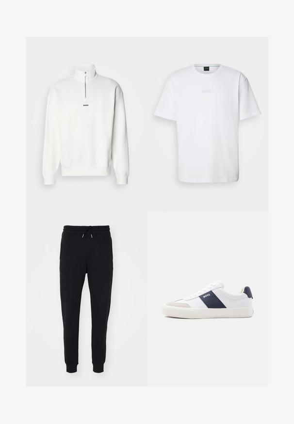Hvid pullover sweatshirt med høj krave og halvlukning, der har et lille sort "HUGO" logo centreret på brystet. Blød stoftekstur.; Hvid bomulds T-shirt med korte ærmer, rund halsudskæring og præget "BOSS" logo på brystet. Glat tekstur, standard pasform.; Sorte sweatpants lavet af blødt stof, med elastisk talje og snøre, sidelommer og afsluttende tætsiddende manchetter ved anklerne.; Hvid sneakers med lav top med navyblå side stribe, "BOSS" logo, beige tåbeskytter og hvid sål, vist i profil på en lys baggrund.