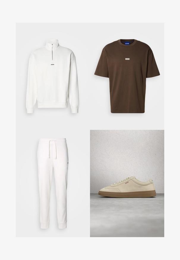 Weißer Pullover-Sweatshirt mit hohem Kragen und halbem Reißverschluss, versehen mit einem kleinen schwarzen "HUGO"-Logo, das zentral auf der Brust platziert ist. Weiches Stoffgefühl.; Braunes Baumwoll-T-Shirt mit kurzen Ärmeln und rundem Ausschnitt. Auf der Vorderseite befindet sich ein kleines weißes rechteckiges Logo mit der Aufschrift "HUGO".; Weiße Baumwoll-Sweatpants mit einem elastischen Bund, Kordelzug und gerippten Bündchen. Mit einem kleinen schwarzen Logo an der Seite.; Hellbeiger Wildledersneaker mit Gummisohle, auffälligen Schnürsenkeln und dezenten Nahtdetails. Sauberes Design mit minimalistischem Ästhetik.
