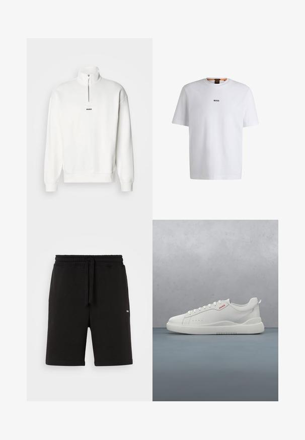 Witte pullover sweatshirt met een hoge kraag en een halve rits, uitgerust met een klein zwart "HUGO" logo gecentreerd op de borst. Zachte stoftextuur.; Witte katoenen T-shirt met korte mouwen, voorzien van een zwart "BOSS"-logo in het midden van de borst en een ronde halsontwerp.; Zwarte katoenen shorts met een elastische tailleband en drawstring. Voorzien van zijzakken en een klein logo aan de voorkant. Glad textuur.; Witte sneaker met een gladde leren afwerking, ronde neus, vier veterogen, subtiele perforaties en een rood logo detail aan de zijkant.