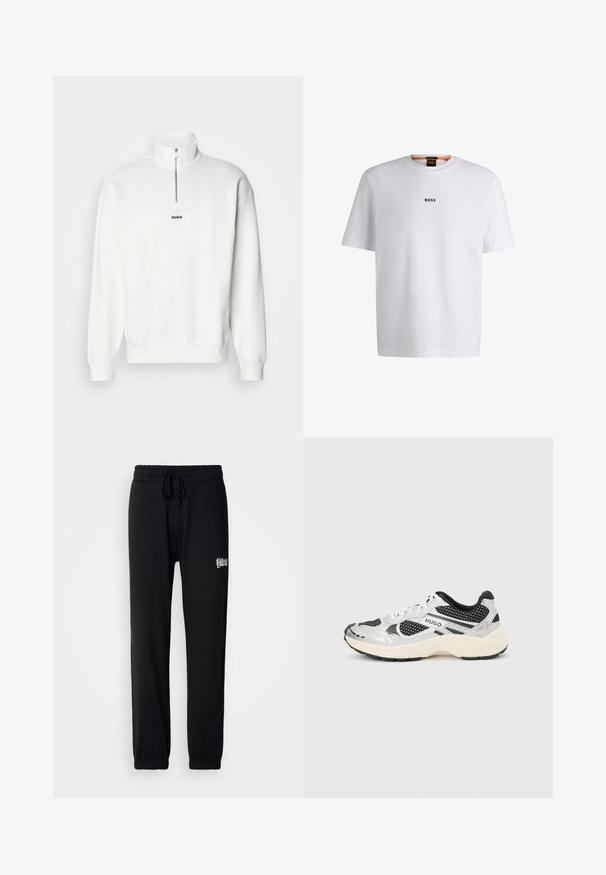 Sudadera blanca de cuello alto con media cremallera, que presenta un pequeño logo negro "HUGO" centrado en el pecho. Textura de tela suave.; Camiseta de algodón blanca de manga corta, con un logotipo negro "BOSS" centrado en el pecho y un diseño de cuello redondo.; Pantalones de chándal negros hechos de una tela suave, con una cintura elástica y cordones ajustables, además de un pequeño logo bordado en el lado.; Zapatilla deportiva de corte bajo en blanco y negro con paneles de malla, con la marca "HUGO" en el lateral y una suela gruesa de color blanco roto sobre un fondo gris claro.
