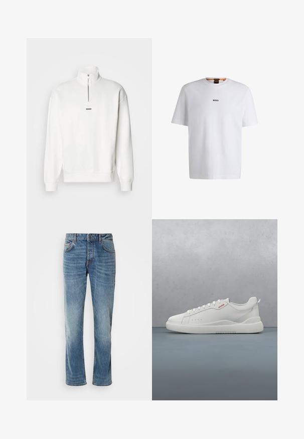 Weißer Pullover-Sweatshirt mit hohem Kragen und halbem Reißverschluss, versehen mit einem kleinen schwarzen "HUGO"-Logo, das zentral auf der Brust platziert ist. Weiches Stoffgefühl.; Weißes Baumwoll-T-Shirt mit kurzen Ärmeln, ausgestattet mit einem schwarzen "BOSS"-Logo, das mittig auf der Brust platziert ist, und einem runden Halsausschnitt.; Helle blaue Jeans aus Denim mit geraden Beinen, fünf Taschen, kontrastierenden Nähten und einem abgewetzten Finish. Verfügt über einen Knopf- und Reißverschluss.; Weiße Sneaker aus glattem Leder, runde Spitze, vier Ösen, dezente Perforationen und ein rotes Logodetail an der Seite.