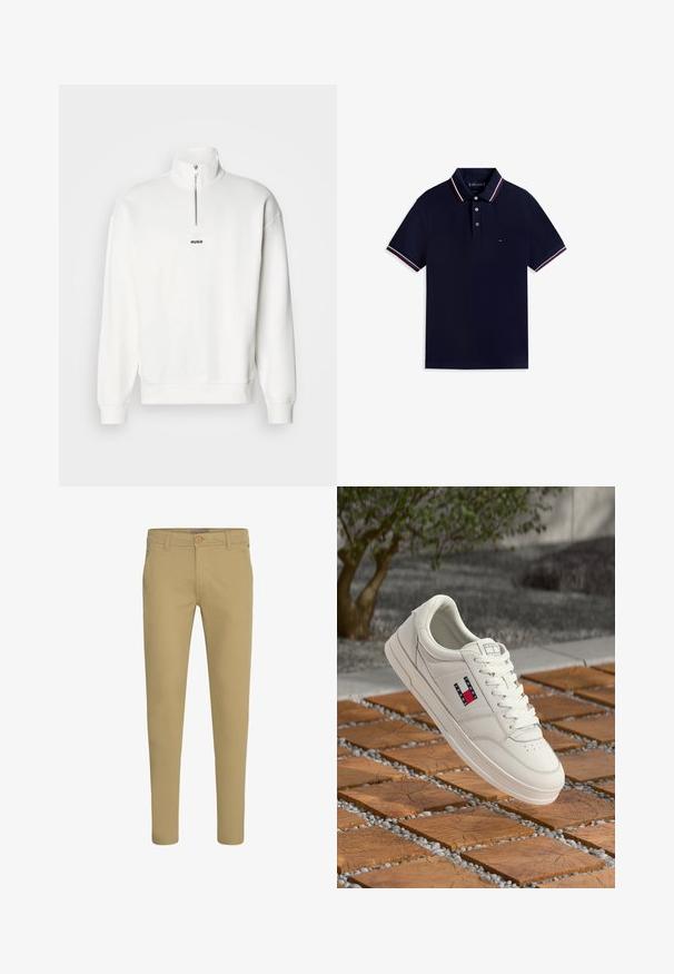 Sudadera blanca de cuello alto con media cremallera, que presenta un pequeño logo negro "HUGO" centrado en el pecho. Textura de tela suave.; Polo en color azul marino con mangas cortas, tapeta de tres botones y ribetes en blanco, rojo y azul marino en el cuello y los puños.; Pantalones chinos beige de corte ajustado con cierre de botón y cremallera, bolsillos delanteros inclinados y trabillas para cinturón, mostrados sobre fondo blanco.; Zapatilla deportiva de cuero blanco con suela plana, que presenta un pequeño logo en rojo, blanco y azul. Diseño sencillo con punta redonda y cordones en la parte delantera.