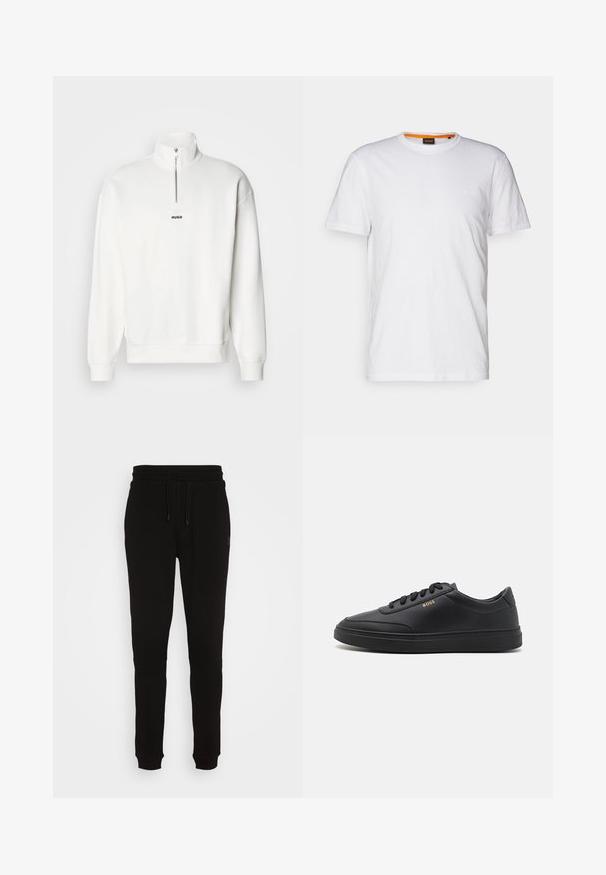 Witte pullover sweatshirt met een hoge kraag en een halve rits, uitgerust met een klein zwart "HUGO" logo gecentreerd op de borst. Zachte stoftextuur.; Witte katoenen T-shirt met ronde hals, korte mouwen en een subtiel reliëflogo op de borst. Het binnenlabel heeft een oranje accent.; Zwarte joggingbroek van zacht materiaal met een elastische tailleband, taps toelopende pijpen en elastische boorden, met een subtiele logo aan de zijkant.; Zwarte leren sneakers met een gladde textuur, ronde neus, platte rubberen zool en tonale veters. Kenmerkt zich door de gouden "BOSS" branding aan de zijkant.