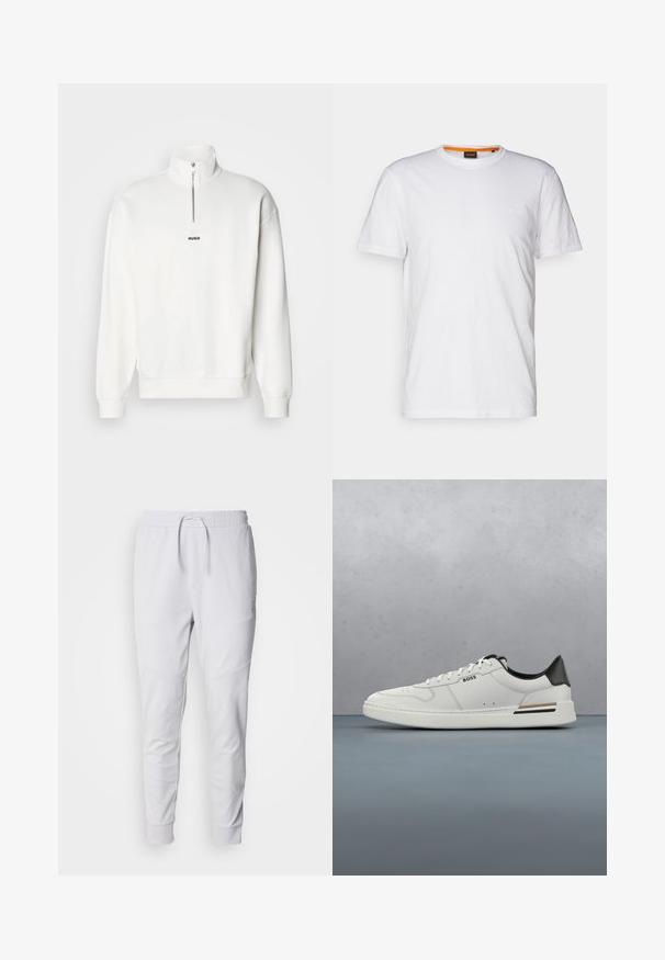 Hvid pullover sweatshirt med høj krave og halvlukning, der har et lille sort "HUGO" logo centreret på brystet. Blød stoftekstur.; Hvid bomulds T-shirt med rund hals, korte ærmer og et subtilt præget logo på brystet. Indvendigt mærke har en orange detalje.; Hvide joggingbukser lavet af blødt stof, med en elastisk talje med snoretræk, to sidelommer og ribbede mansjetter ved anklerne.; Hvide lavtoppede sneakers med sort hæl, snørebånds lukning, subtile perforeringer og "BOSS" logo på siden, vist fra ydersiden i profil.
