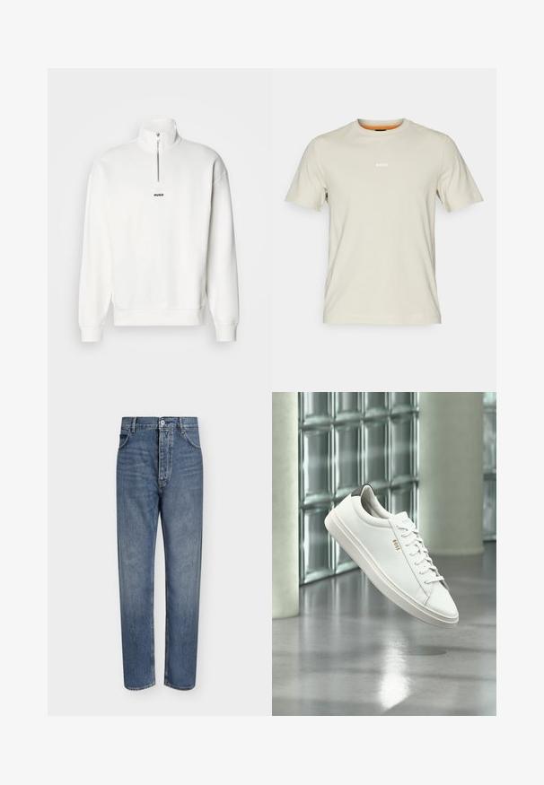 Sudadera blanca de cuello alto con media cremallera, que presenta un pequeño logo negro "HUGO" centrado en el pecho. Textura de tela suave.; Camiseta de algodón beige con mangas cortas, escote redondo y logo blanco "BOSS" en el pecho. Textura suave, corte casual.; Vaqueros de mezclilla azul de corte recto con cintura alta, cierre frontal de botones y diseño de cinco bolsillos sobre un fondo claro y liso.; Zapatilla deportiva de piel blanca de corte bajo con cordones, lengüeta negra en el talón y logo "BOSS", flotando en interiores cerca de una pared de bloques de vidrio y suelo pulido.