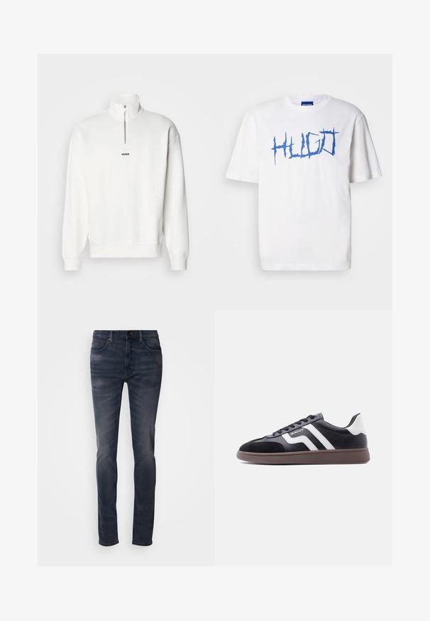 Witte pullover sweatshirt met een hoge kraag en een halve rits, uitgerust met een klein zwart "HUGO" logo gecentreerd op de borst. Zachte stoftextuur.; Witte katoenen t-shirt met een vet blauw "HUGO" logo in een hakkerig lettertype. Korte mouwen en een ronde hals. Gladde textuur.; Donkergewassen denim jeans met een slanke pasvorm, voorzien van een knoopsluiting, vijf zakken en subtiele vervaging. Rechte pijp met een gladde textuur.; Zwarte sneakers van suède en synthetisch materiaal, met witte diagonale strepen en een bruine textuurzool. Voorzien van een veterontwerp en een gevoerde kraag.