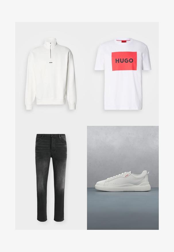 Weißer Pullover-Sweatshirt mit hohem Kragen und halbem Reißverschluss, versehen mit einem kleinen schwarzen "HUGO"-Logo, das zentral auf der Brust platziert ist. Weiches Stoffgefühl.; Weißes Baumwoll-T-Shirt mit einem roten rechteckigen Grafik und fettem schwarzen Text "HUGO" in der Mitte. Kurze Ärmel, Rundhalsausschnitt-Design.; Schwarze Skinny-Jeans mit ausgebleichten Details, Fünf-Taschen-Stil und Knopfverschluss in der Taille.; Weiße Sneaker aus glattem Leder, runde Spitze, vier Ösen, dezente Perforationen und ein rotes Logodetail an der Seite.
