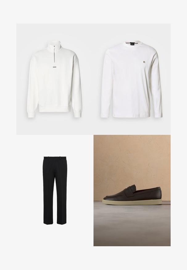 Weißer Pullover-Sweatshirt mit hohem Kragen und halbem Reißverschluss, versehen mit einem kleinen schwarzen "HUGO"-Logo, das zentral auf der Brust platziert ist. Weiches Stoffgefühl.; Weißes Langarm-T-Shirt aus glattem Baumwollstoff, mit Rundhalsausschnitt und einem kleinen metallischen Logodetail auf der linken Brust.; Schwarze formelle Hose mit geradem Bein, Gürtelschlaufen, ohne sichtbare Taschen, vorne auf weißem Hintergrund gezeigt.; Dunkelbrauner Lederloafer mit cremefarbener Sohle, schwebend über beigem strukturiertem Teppich, rundem Holztisch und gestapelten Büchern im Hintergrund.