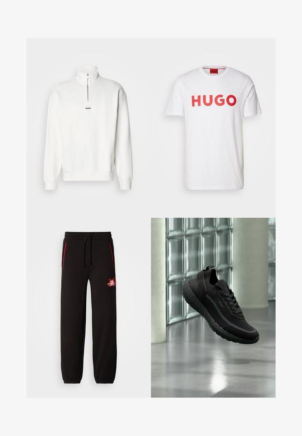 Valkoinen puuvillapusero, jossa on korkea kaulus ja puolivetoketju, ja jonka rinnassa on pieni musta "HUGO"-logo. Pehmeä kangas.; Valkoinen puuvillapaita, jossa on rohkeat punaiset "HUGO" -kirjaimet edessä, pyöreä kaula-aukko ja lyhyet hihat. Liukas materiaali, klassinen malli.; Mustat collegehousut, joissa on joustava vyötärö, punaiset vetoketjut ja näyttävä brodeerattu logo vasemmassa reidessä. Silkkinen pinta, kapeat lahkeet.; Musta neulottu lenkkari, jossa paksu uritettu pohja ja nauhat, merkiltä "BOSS", leijuu sisätiloissa lasiblokkiseinän ja betonilattian lähellä.