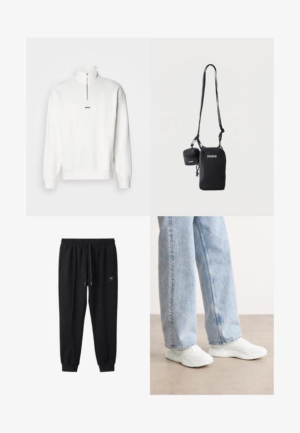 Witte pullover sweatshirt met een hoge kraag en een halve rits, uitgerust met een klein zwart "HUGO" logo gecentreerd op de borst. Zachte stoftextuur.; Zwarte joggingbroek met elastische tailleband, trekkoord, zijzakken, omgeslagen enkels en een klein logo op rechterdij.; Witte sportieve sneakers met een gladde, gevormde uitstraling en gestructureerde zolen, gecombineerd met lichtblauwe, loszittende spijkerbroeken.; Zwarte crossbodytas en kleiner etui, beide met wit "HUGO" logo, verstelbare riem en ritssluitingen, hangend tegen een effen achtergrond.
