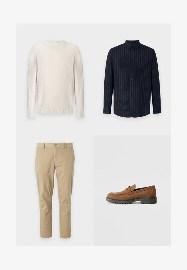 Pull tricoté couleur crème à col rond avec manches longues et poignets et ourlet côtelés, texturé avec un motif en maille gaufrée.; DRYKORN RAMIS - Chemise - blue; Pantalons en toile de coton beige avec une coupe slim, dotés d'une fermeture à bouton, de passants de ceinture et de jambes droites. Texture lisse, sans motifs remarquables.; Mocassins en daim marron avec un bout arrondi et une semelle noire en caoutchouc basse, présentant une sangle décorative et des détails de couture sur le dessus.