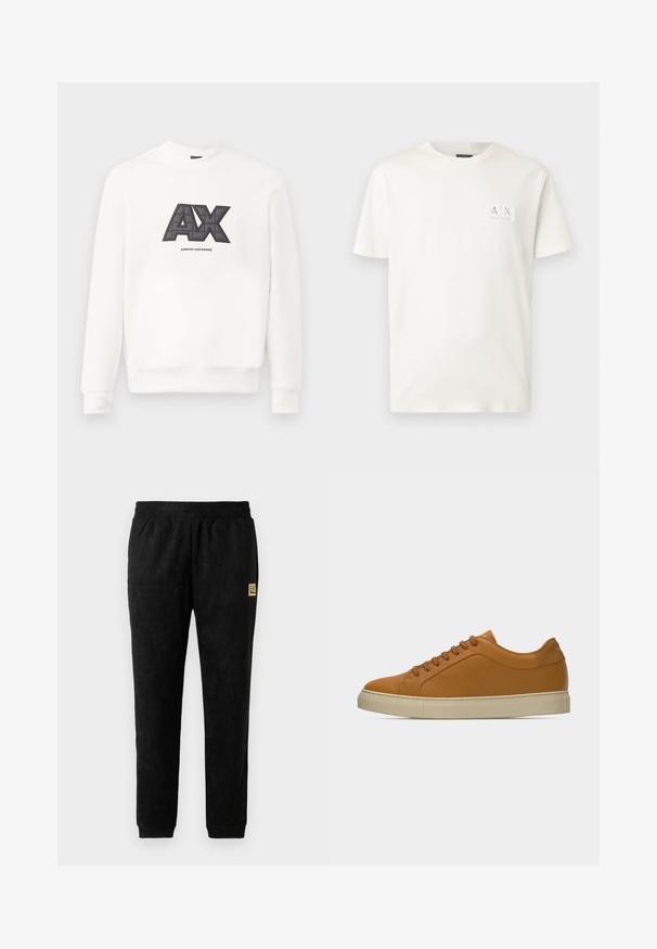 Valkoinen huppari pehmeästä kankaasta. Sen etupuolella on vaikuttava musta ja harmaa "AX" -logo, jossa on kiiltävä rakenne, ja sen alla lukee "ARMANI EXCHANGE".; Valkoinen puuvillapaita, jossa on pyöreä pääntie ja lyhyet hihat. Paidassa on pieni suorakulmainen logopatch ylävasemmassa kulmassa.; Mustat velour-housut, joissa on joustava vyötärö, käännetyt nilkat, sivutaskut ja pieni beige EA7 Emporio Armani -logopatchi reidessä.; Matala ruskean sävyinen nahkainen tennari, jossa on samansävyiset nauhat ja luonnonvalkoinen kumipohja, yksinkertaisen vaaleanharmaan taustan edessä.
