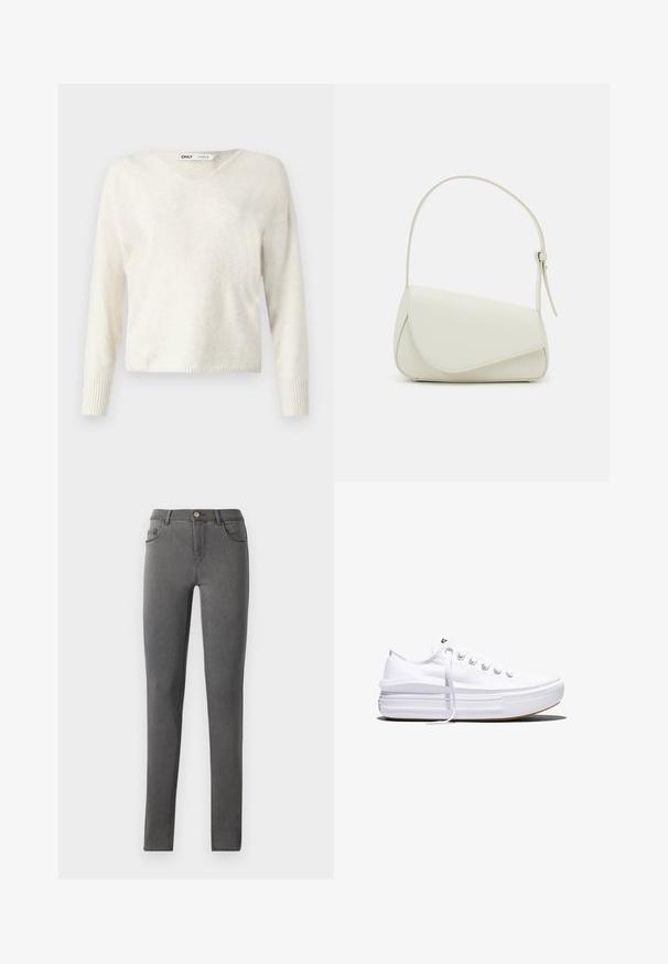 Crème V-halstrui van zacht materiaal, met lange mouwen en geribbelde manchetten, met een licht cropped, losse pasvorm.; Grijze denim skinny jeans met een nauwsluitend ontwerp, vijf zakken en een enkele metalen knoopsluiting bij de taille.; Witte lage canvas sneaker met dikke plateauzool, veters aan de voorkant en rubberen toeskap met structuur, zijaanzicht.; Witte nepleren handtas met een gestructureerde driehoekige vorm, een enkele verstelbare schouderriem en een klep met ronde accenten.