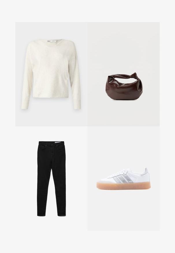 V-hals creme sweater lavet af blødt materiale, med lange ærmer og ribbede manchetter, i et let cropped, løst design.; Sorte denimjeans med en slank pasform, der har talje i midjehøjde, fem lommer, lukning med metalknap og diskrete syningsdetaljer.; Hvid lavtop-sneaker med gum-gummisål, sølvstribede sideaccents og snørelukning, vist mod en ensfarvet lys baggrund.; Mørkebrun læder skuldertaske med en blød, afslappet form og et snoet knudehåndtag på en ensartet hvid baggrund.