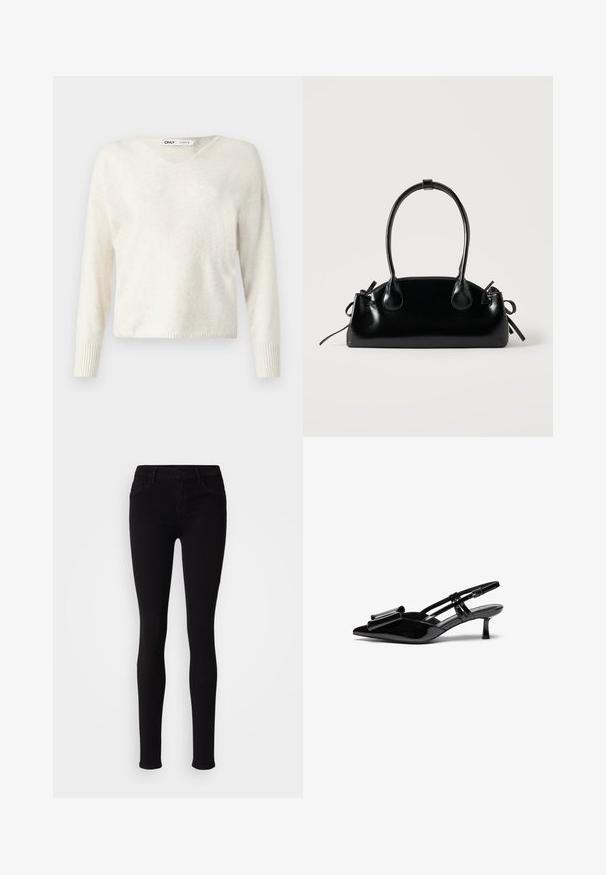 V-hals creme sweater lavet af blødt materiale, med lange ærmer og ribbede manchetter, i et let cropped, løst design.; Sorte slim-fit bukser med knaplukning, bæltestropper og frontlommer, vist mod en ensfarvet lys baggrund.; Sorte patenterede læderslingbacks med spids tå, en sløjfedetalje foran og en lille stilettohæle. Remmene har justerbare spænder.; Lille sort blank håndtaske med to lange håndtag og snøre-detaljer i siden på en ensfarvet lys baggrund.