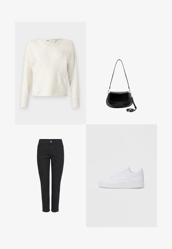 V-hals creme sweater lavet af blødt materiale, med lange ærmer og ribbede manchetter, i et let cropped, løst design.; Sorte denim jeans med lige ben, der har en frontknaplukning, fem lommer og en ensartet tekstureret overflade.; Hvide Nike Air Force 1 sneakers med læderoverdel, rund tå, snørelukning, polstret krave og struktureret gummisål.; Sort læder skuldertaske med klaplukning, aftagelig lang rem snoet ved bunden, og hardware i sølvfarve på en hvid baggrund.